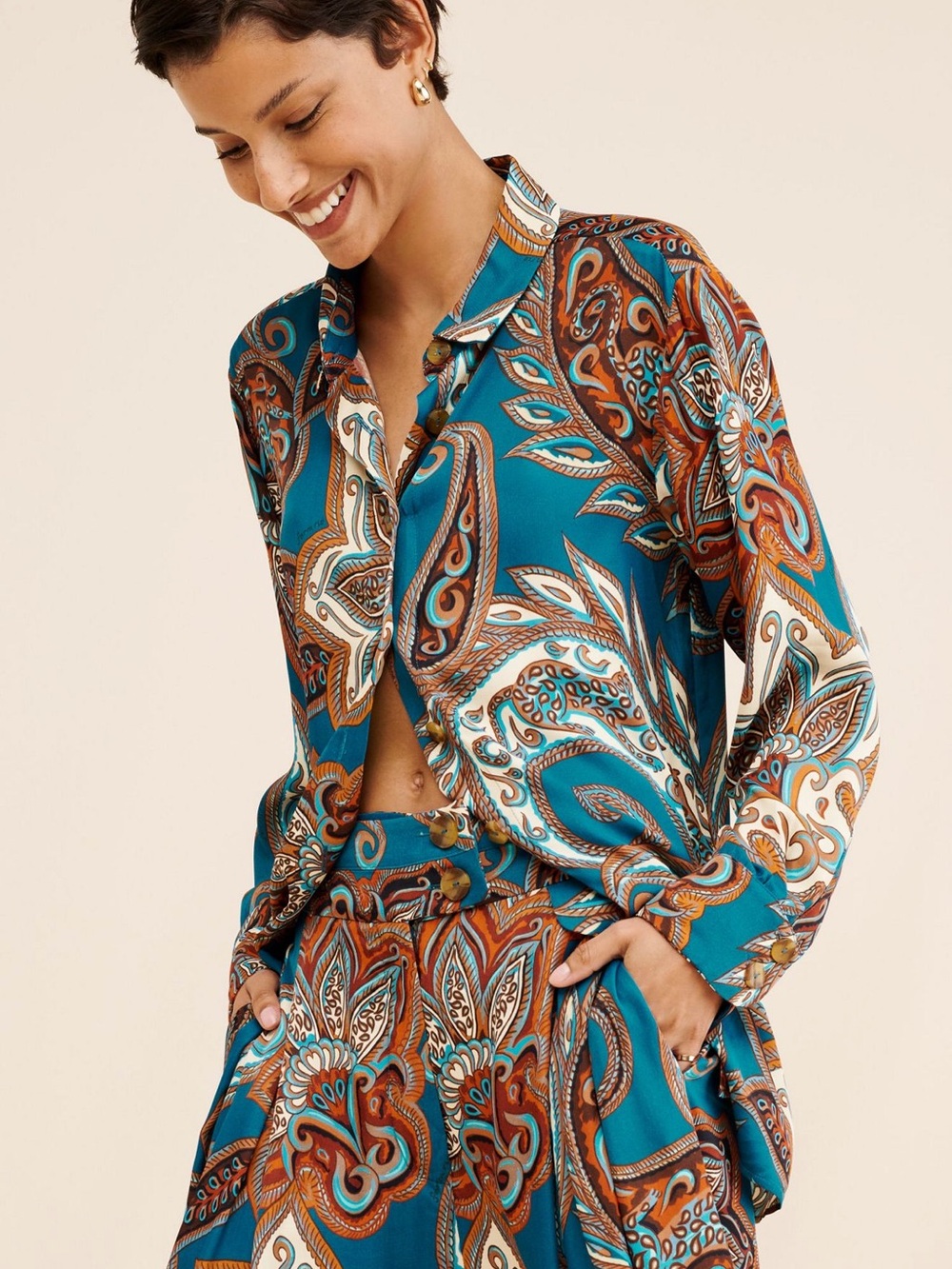 FARM Rio Teal Paisley Button-Down Shirt